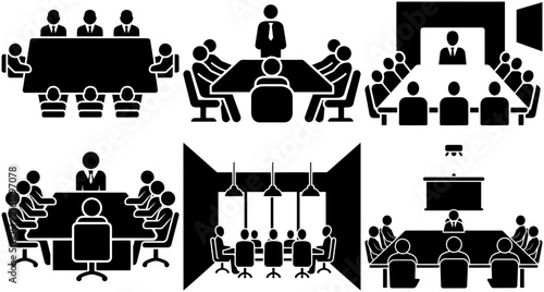 Business meeting conference silhouettes showing teams around tables in boardroom and presentation spaces, collaborative discussion icon collection