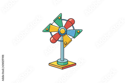 Colorful toy windmill spinning with bright geometric blades on minimalist base for playful design