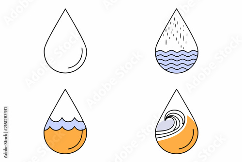 Water droplet and teardrop icons set with wave ripple effects in flat vector design style