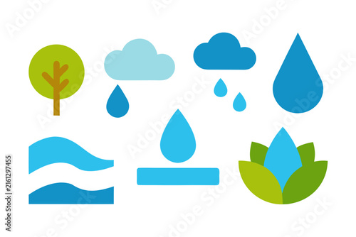 Flat vector nature water cycle icons set with tree, clouds, rain, and leaves for eco design
