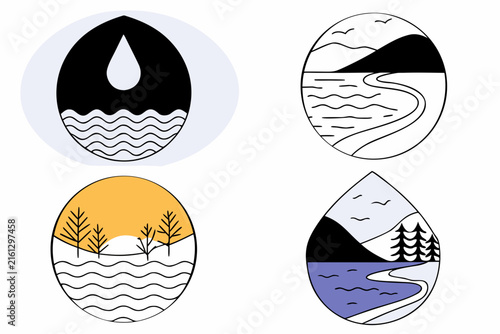 Four minimalist nature water icons depicting ocean, river, lake, and snow landscape elements in vector style