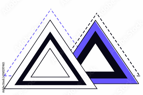 Abstract overlapping geometric triangles with dashed and solid lines in contrasting colors