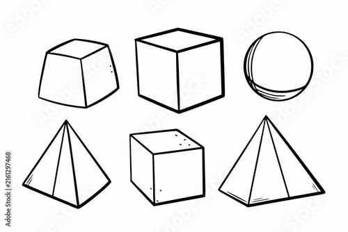 3D geometric wireframe shapes including cube, pyramid, and sphere in minimalist vector outline design
