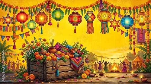 Festive Traditional June Celebration Poster Featuring Paper Lamps Hanging Garlands and Aged Timber Container on Bright Yellow Backdrop festival party banner flag garland lantern barrel wood 3d
