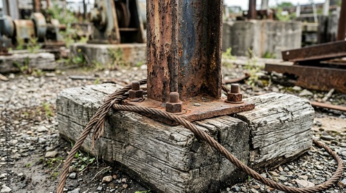 Weathered metal pillar attached to aged timber block and worn wire cable showing rust and decay metal pole corrosion rust decay weathered old wood timber block wire cable texture industrial aged