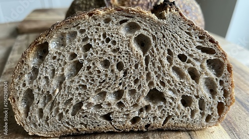 Detailed view of dark rustic sourdough crumb showing dense fiber patterns and natural air pockets rye bread loaf texture whole grain bakery product crumb detail rustic background natural traditional