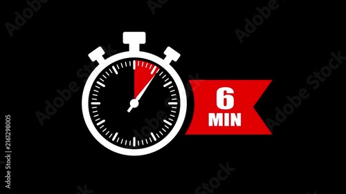 6 minute timer countdown stopwatch animation. Clock icon with 6 minute timer. 6 minute countdown timer clock icon animation. 6 min clock icon animation. Timer, clock, stopwatch icon with 6 min.