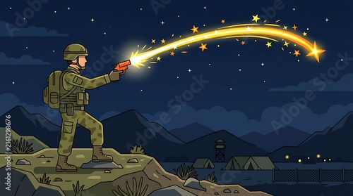 Illustration of a soldier shooting a star-shaped projectile across a rural landscape at night