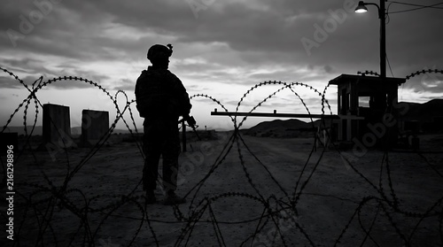 silhouette of a security personnel standing near a fence at dusk in a restricted area with barbed wire and a watchtower