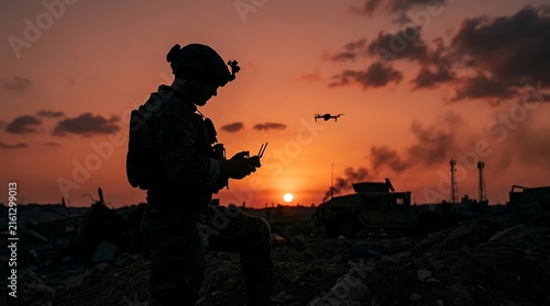 Silhouetted soldier using a drone at sunset in a battlefield landscape with military vehicles