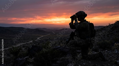 military scout observing sunset through binoculars in rugged landscape during twilight hours