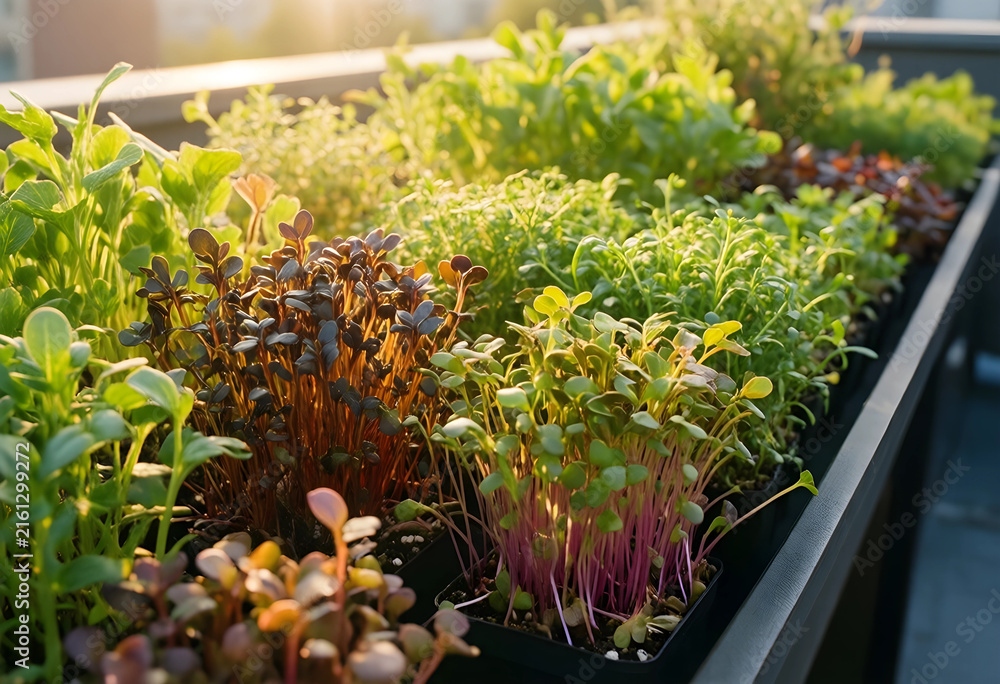 Fototapeta premium Urban gardening and sustainable living, fresh microgreens growing in pots on a rooftop garden with sunlight
