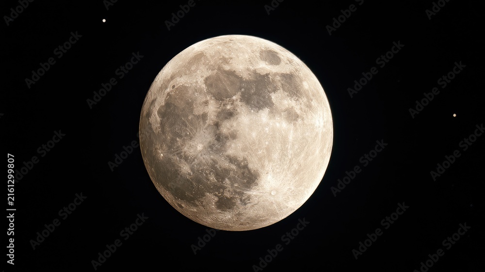 Fototapeta premium A detailed view of the full moon, its surface textured with craters and seas, against a star-speckled black sky