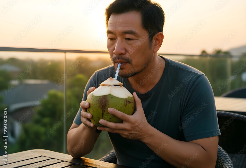 Fototapeta premium Healthy lifestyle and tropical vacation, asian man drinking fresh coconut water on a rooftop at sunset