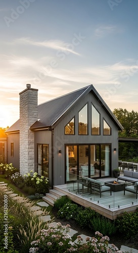 Modern gray cabin house with stone chimney and deck at sunset