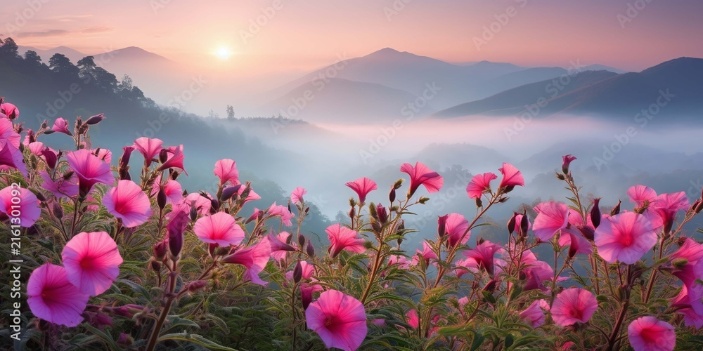 Obraz premium Vibrant pink morning glory flowers adorn a serene mountain landscape bathed in the soft glow of a sunrise, with misty valleys creating an ethereal and tranquil scene