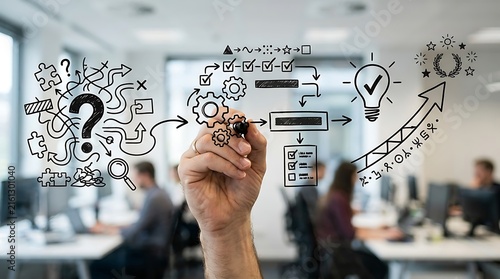 Hand drawing a complex flowchart of ideas and solutions in a modern office setting.