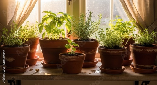 Abundant Potted Herbs Freshly Growing Near A Sunlit Window