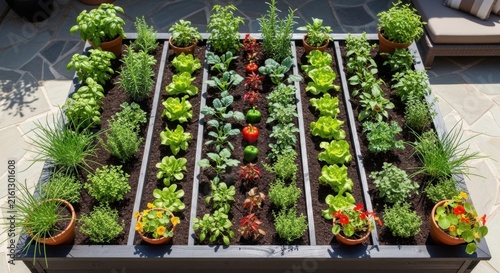 Abundant Raised Garden Bed Overflowing With Fresh Vegetables And Herbs Outdoors