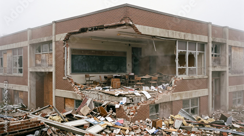 Demolished School Classroom Building with Debris and Broken Windows