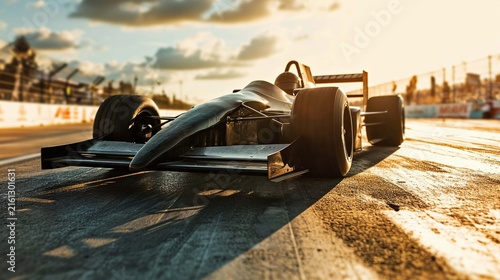 An open-wheel race car, sleek and powerful, rests on a race track under a dramatic sunset sky. The low angle emphasizes speed and power, ideal for automotive, sports, and technology themes