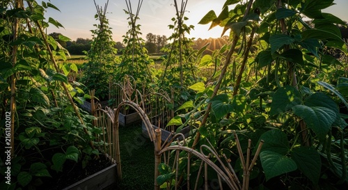 Abundant Summer Garden Oasis With Rows Of Healthy Green Beans And Bountiful Vegetable Harvests