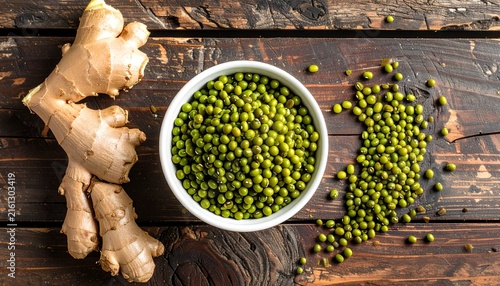 Fresh green peas in white bowl with ginger root on rustic wooden table, healthy vegetables, organic ingredients, top view, natural food photography
