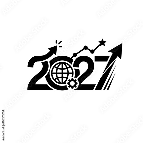 2027 global business growth icon with globe gears and arrows.