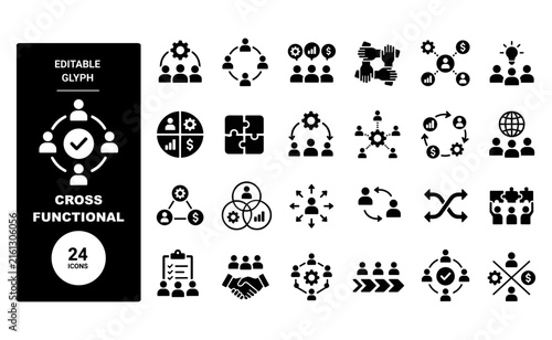 Editable glyph icon set for cross functional teamwork, collaboration, 