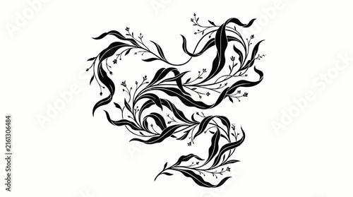 Elegant black flowing foliage and ribbon-like leafy vines with tiny blossoms on a clean white background. Great for modern graphic design, abstract floral borders, laser cuts, and decorative branding