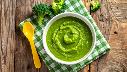 Green broccoli puree in white bowl with yellow spoon on checkered napkin, fresh broccoli on wooden table, baby food, healthy eating, top view, nutrition
