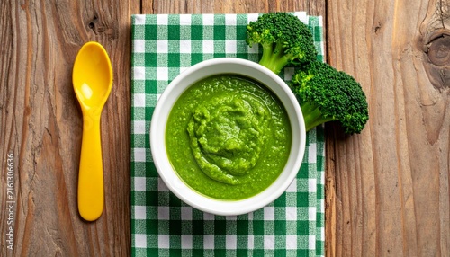 Green broccoli puree in white bowl with yellow spoon on checkered napkin, fresh broccoli on wooden table, baby food, healthy eating, top view, nutrition
