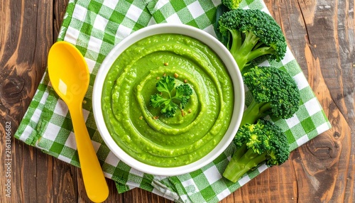 Green broccoli puree in white bowl with yellow spoon on checkered napkin, fresh broccoli on wooden table, baby food, healthy eating, top view, nutrition
