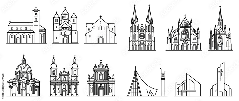Obraz premium Collection of Church Building Line Art Icons