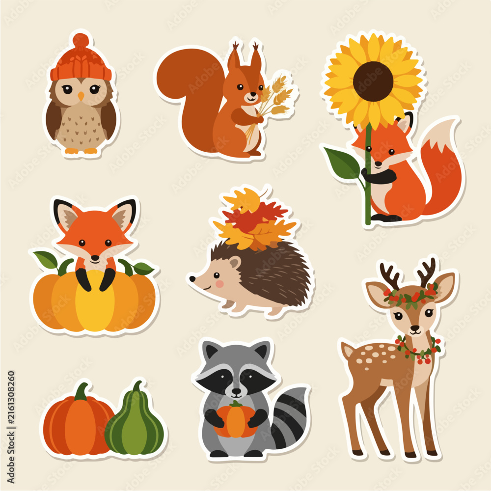 Naklejka premium Cute autumn forest animals collection with seasonal elements.