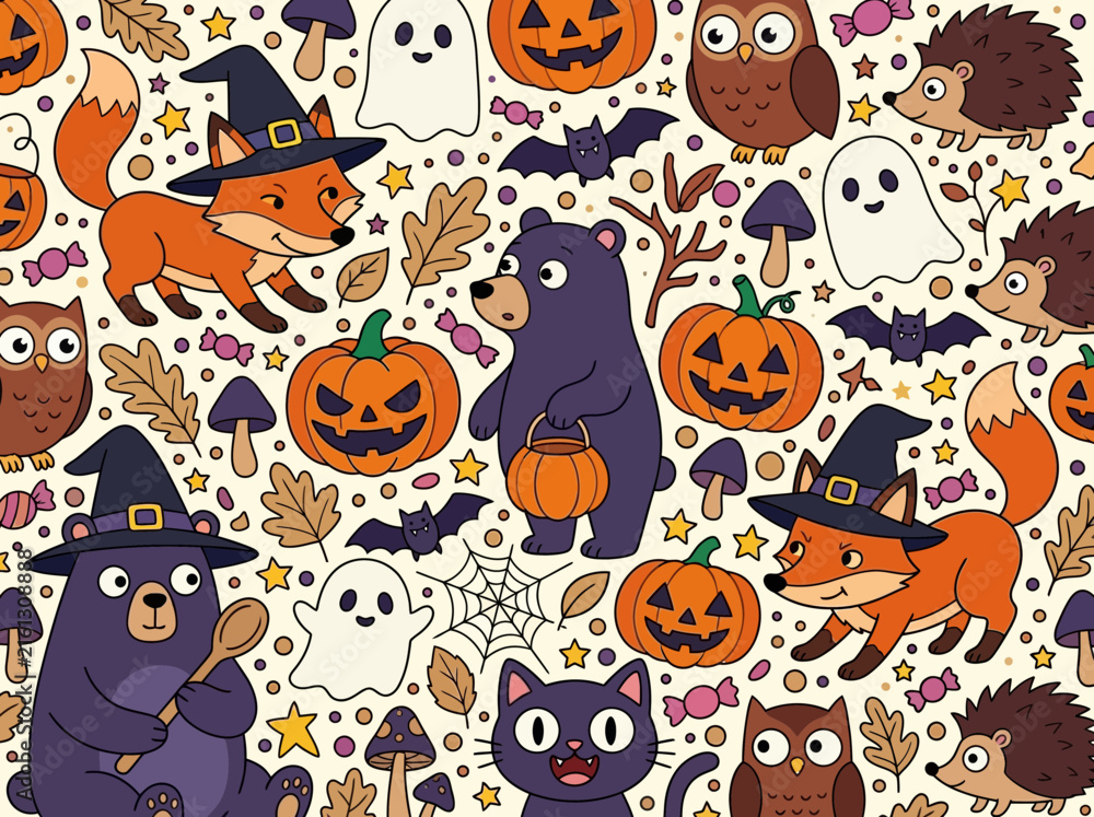 Fototapeta premium Cute Halloween Forest Animals and Pumpkins Cartoon Doodle Pattern