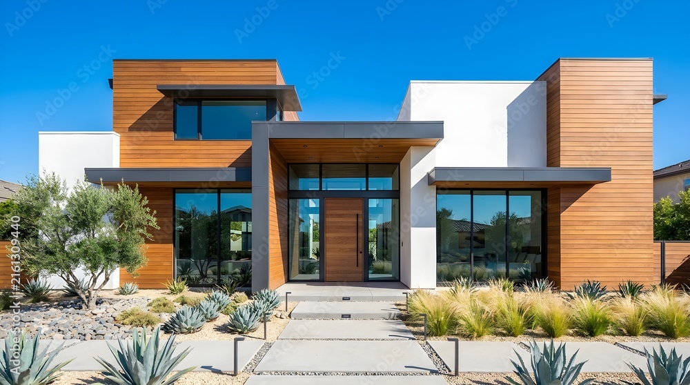 Fototapeta premium Modern luxury home exterior with wood siding and large glass windows