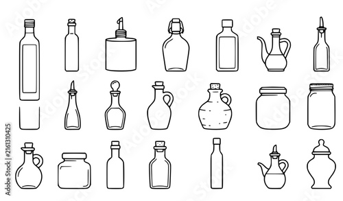 Olive oil packaging bottles jars and cruets black outline pictogram vector collection