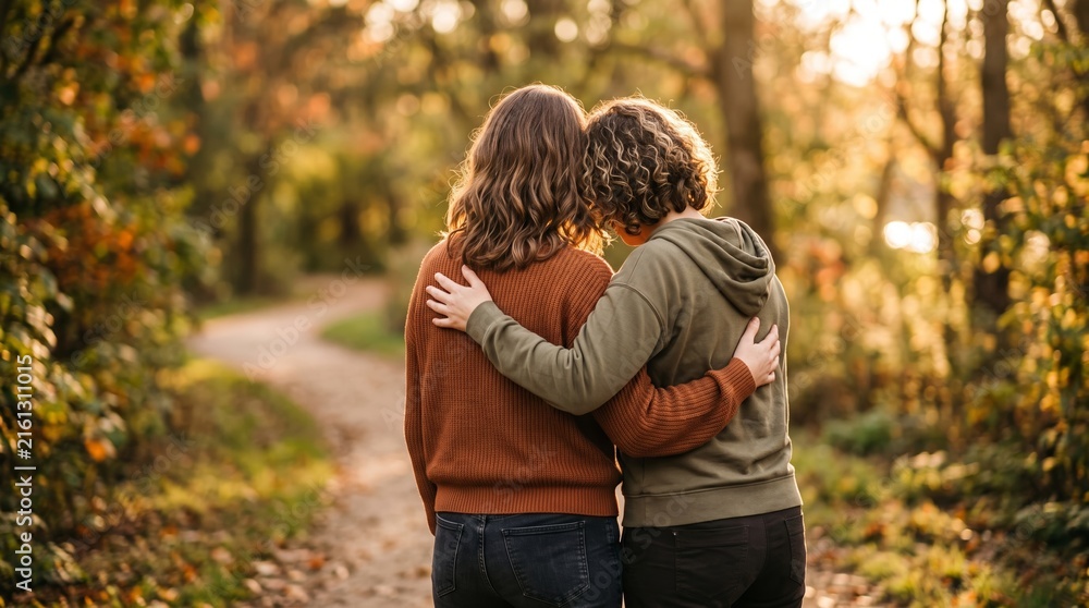 Fototapeta premium Two women embrace on a sunlit park path beneath World Mental Health Day text. Concept emotional support and mental wellness for campaigns, social media and editorial use. Generative AI.