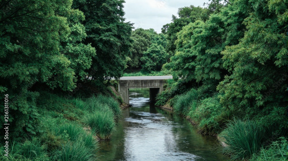 Fototapeta premium Concrete Culvert Bridge Over Stream Surrounded By Lush Green Trees