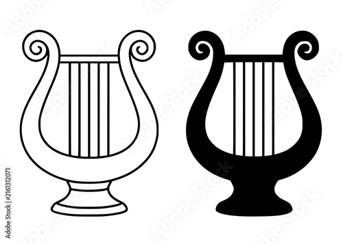 Lyre illustration icon in outline and silhouette style, for UI/UX app design