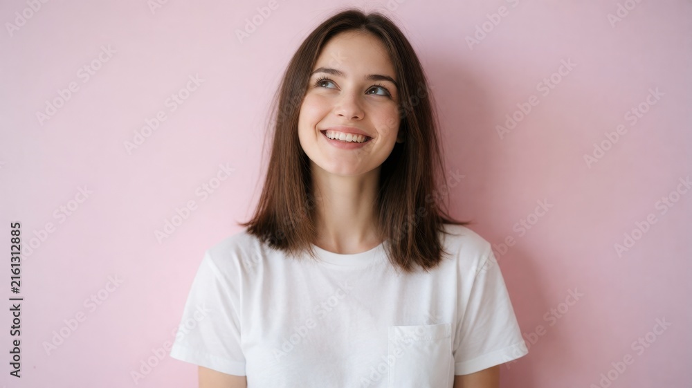 Fototapeta premium Dreamy Young Woman Smiling and Looking Up against Pink Background