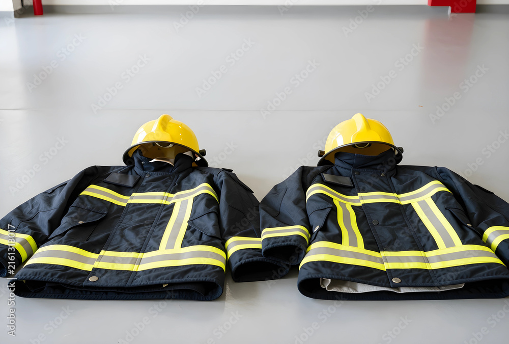 Fototapeta premium Firefighter safety and emergency services, two protective uniforms with helmets on a clean floor, public safety and rescue