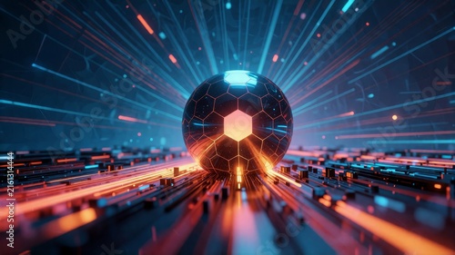 Futuristic Cybernetic Sphere with Glowing Lines and Digital Network