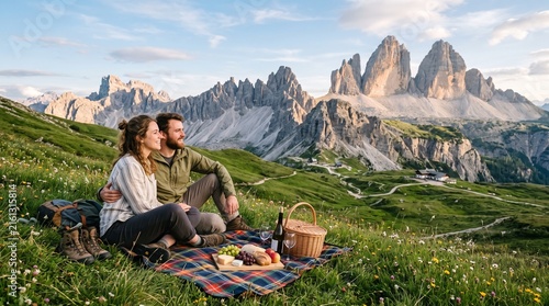 Canvas Print Happy young couple having a picnic on a green mountain meadow with a beautiful v