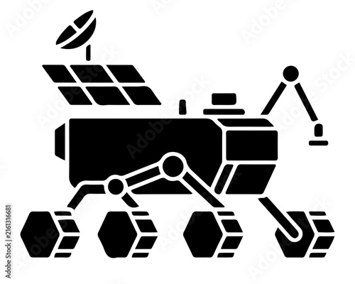 Mars rover icon represents space exploration technology on white.