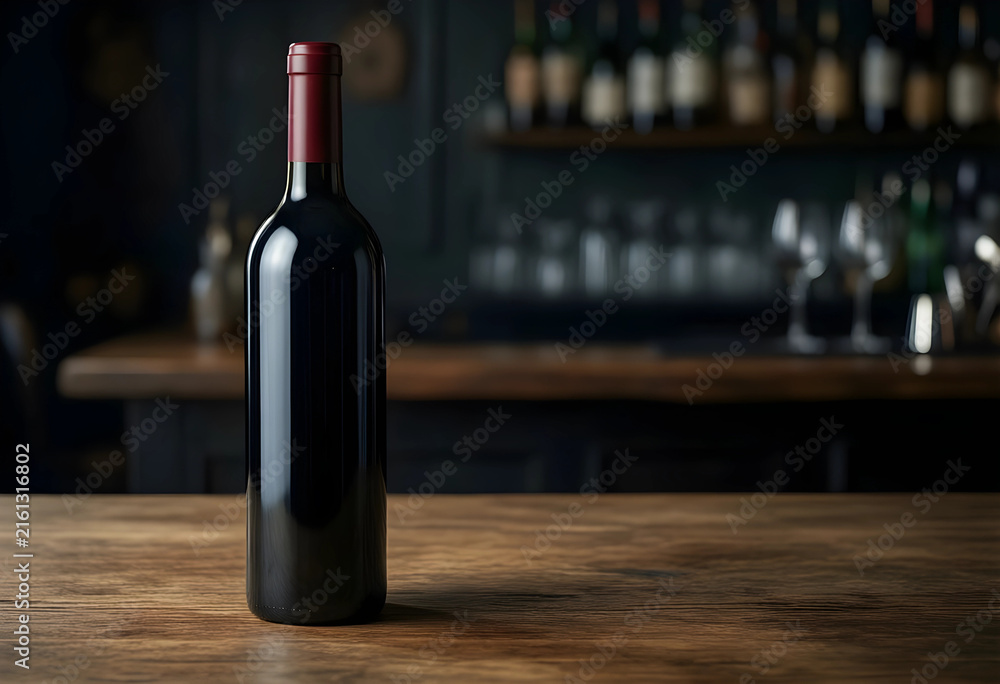 Fototapeta premium Red wine bottle on a rustic wooden bar counter, elegant beverage and fine dining with copy space