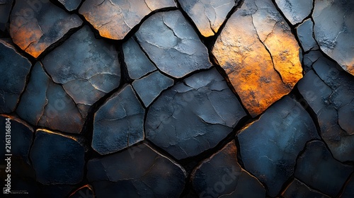 Close-up of meteorite fusion crust with dramatic lighting highlighting its rugged texture and fiery orange accents against dark metallic surfaces, ideal for geology or space exploration themes.