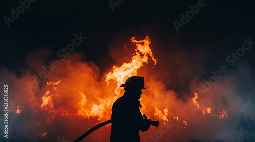 Firefighter silhouette fighting a large blaze with a water hose at night