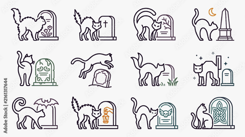 Fototapeta premium Set of twelve vector line art icons depicting black cats in various poses next to tombstones and cemetery gravestones, including arched backs, jumping, and sitting silhouettes.